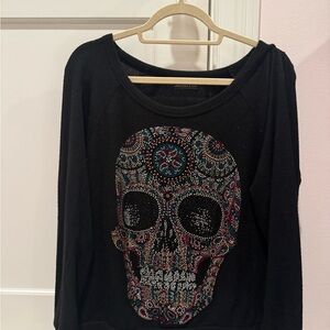 Lauren Moshi Black Long Sleeve Tee with Colorful Skull Design